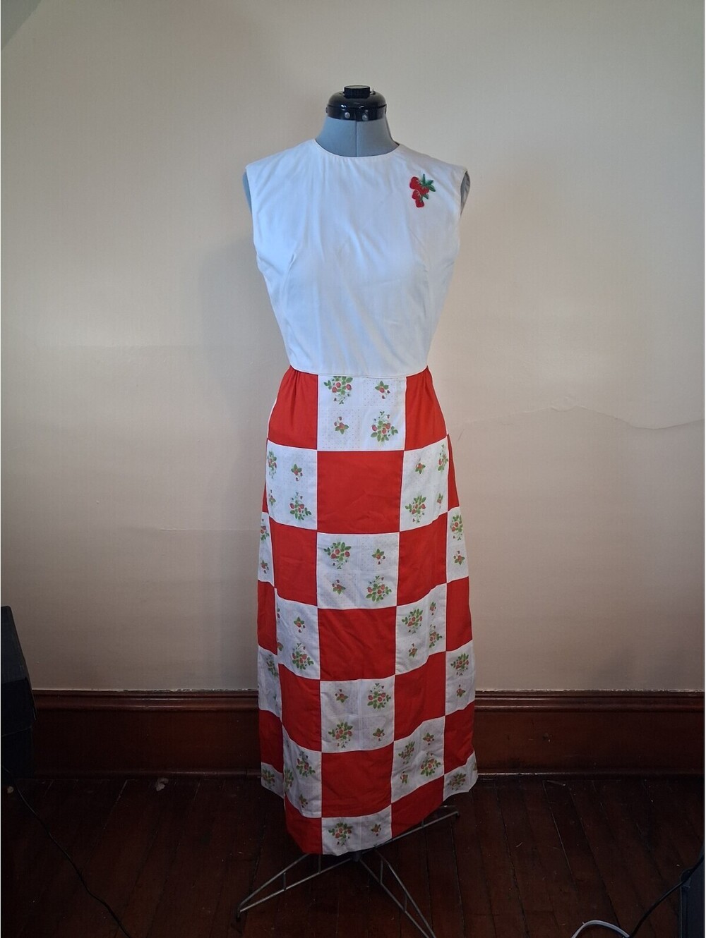 1970s Vintage Dress, Strawberry Checkered Sun Dress, Maxi Patchwork Dress Sz S - Picture 1 of 9